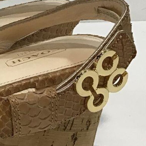 EUC COACH Snakeskin Espadrille Wedges Gold Logo Cork heel COMFY sz 9 Nude - Picture 5 of 9